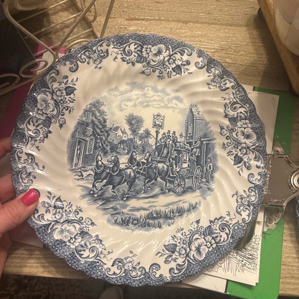 Johnson Brothers Blue and White Transferware Plate - Scenic Coach Motif